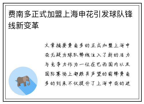 费南多正式加盟上海申花引发球队锋线新变革